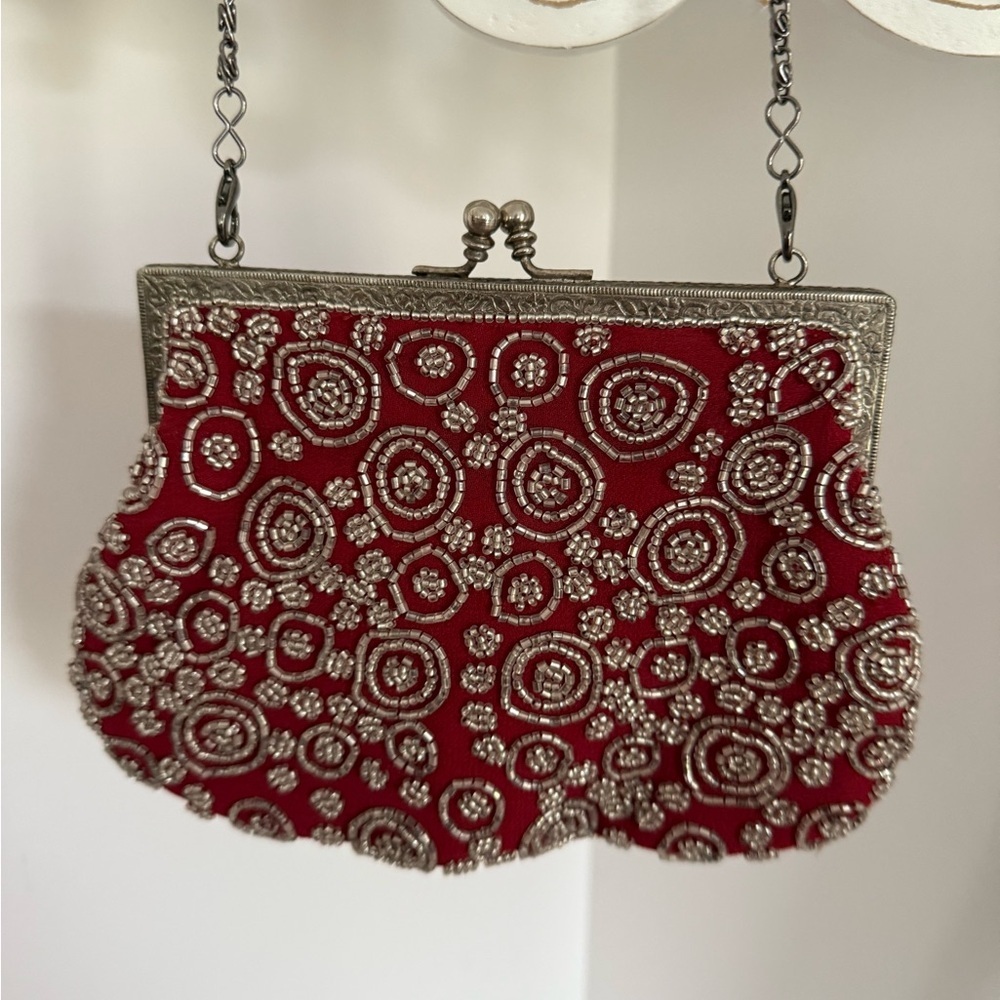 Whiting and Davis red beaded vintage evening bag